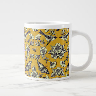 Mustard Yellow & Navy Birds, Butterflies & Flowers Large Coffee Mug