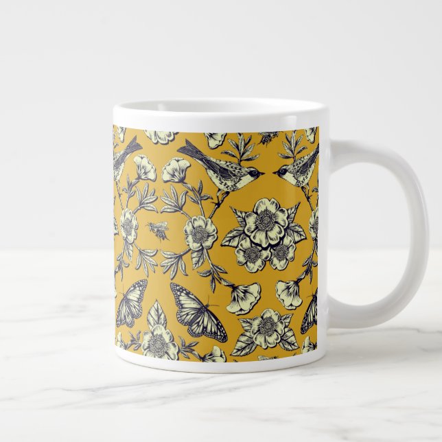 Mustard Yellow & Navy Birds, Butterflies & Flowers Large Coffee Mug (Right)