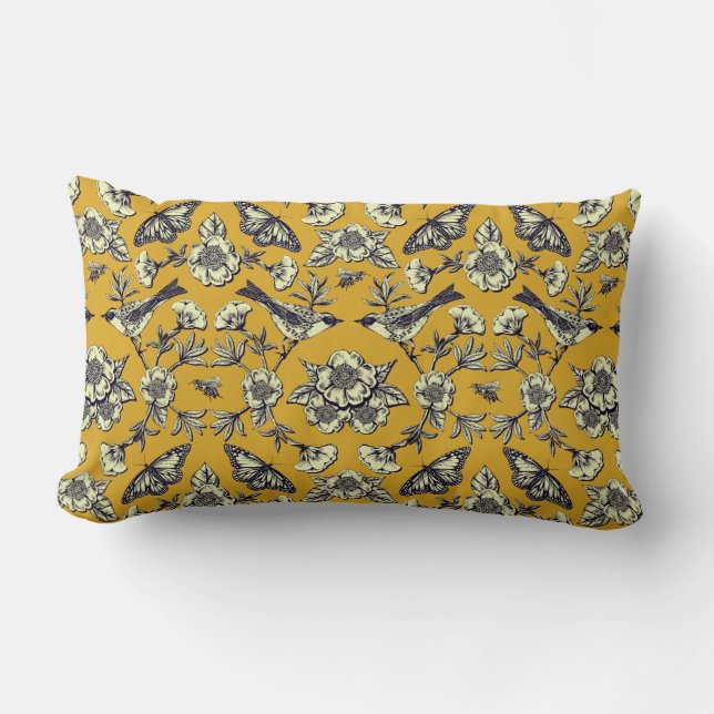 Mustard Yellow & Navy Birds, Butterflies & Flowers Lumbar Cushion (Front)