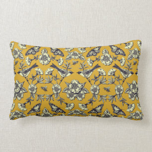 Mustard Yellow & Navy Birds, Butterflies & Flowers Lumbar Cushion
