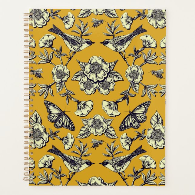 Mustard Yellow & Navy Birds, Butterflies & Flowers Planner (Front)