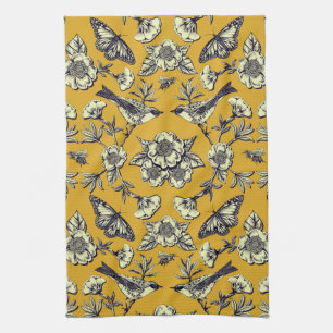 Mustard Yellow & Navy Birds, Butterflies & Flowers Tea Towel