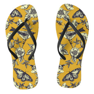Mustard Yellow & Navy Birds, Butterflies & Flowers Thongs