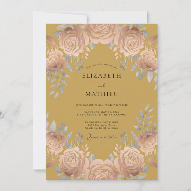 Mustard Yellow Opulent Rose Wedding Invitation (Front)