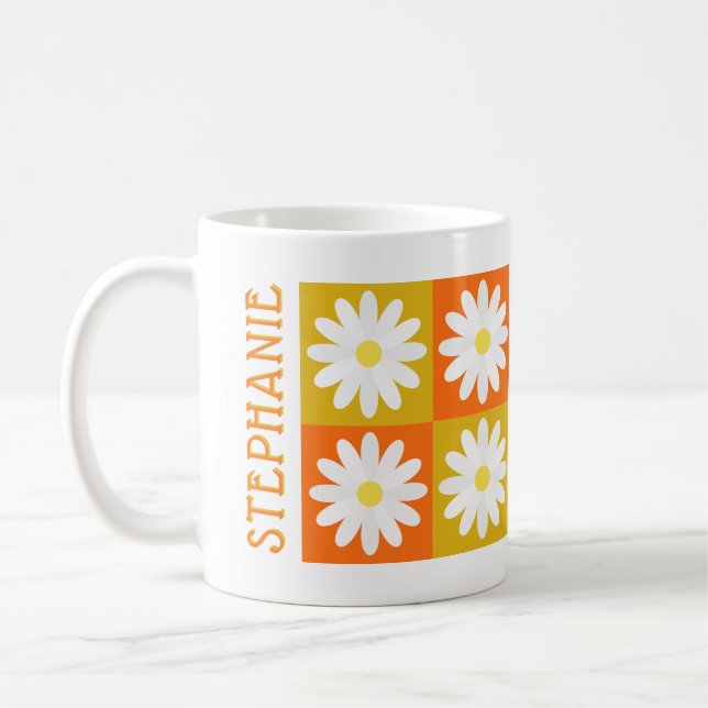 Mustard Yellow Orange Daisy Retro Chequerboard Coffee Mug (Left)