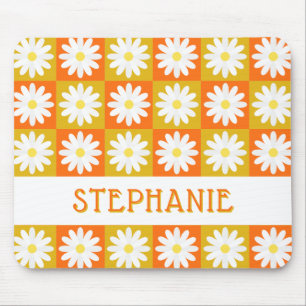 Mustard Yellow Orange Daisy Retro Chequerboard Mouse Pad