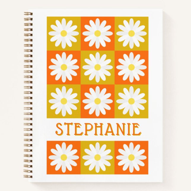 Mustard Yellow Orange Daisy Retro Chequerboard Notebook (Front)