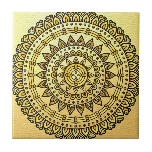 mustard yellow pattern antique golden flower patte ceramic tile (Front)