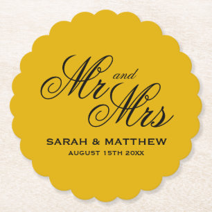 Mustard yellow personalized wedding coasters