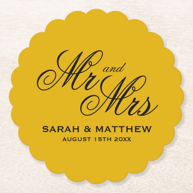 Mustard yellow personalized wedding coasters (Front)