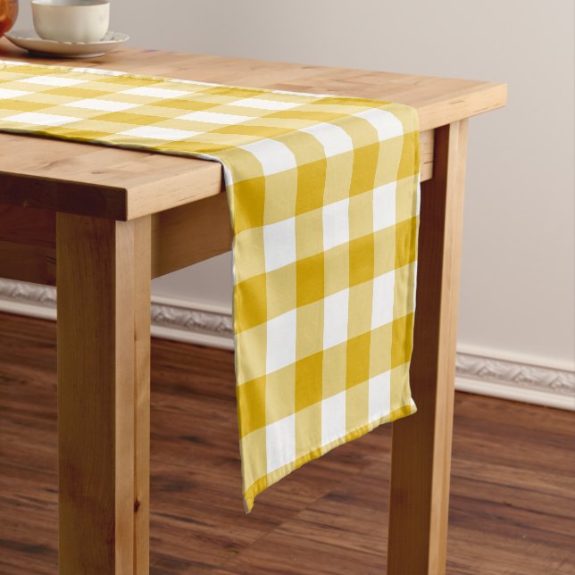 Mustard Yellow Plaid Gingham Retro Table Runner (In Situ)