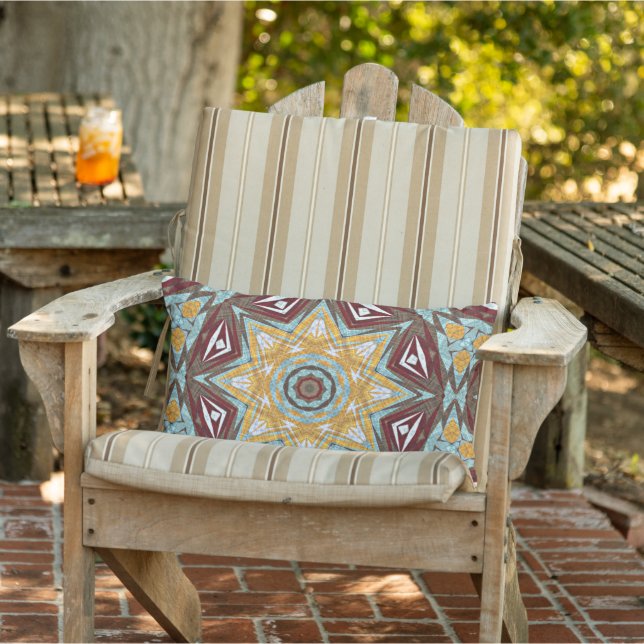 Mustard Yellow Red Brown Aqua Mandala Tribal Art Lumbar Cushion (Chair)