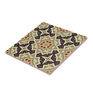 Mustard Yellow Red Olive Green Ethnic Tribe Art Ceramic Tile