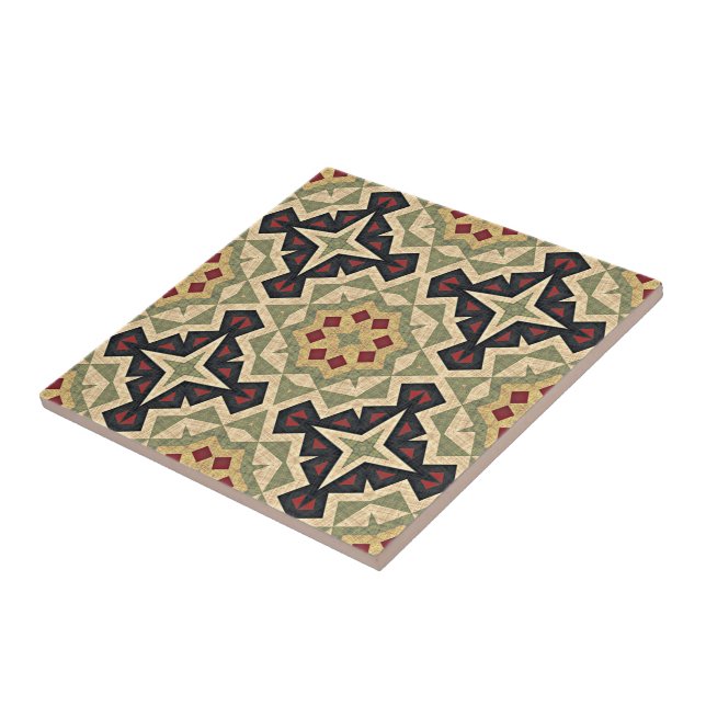 Mustard Yellow Red Olive Green Ethnic Tribe Art Ceramic Tile (Side)