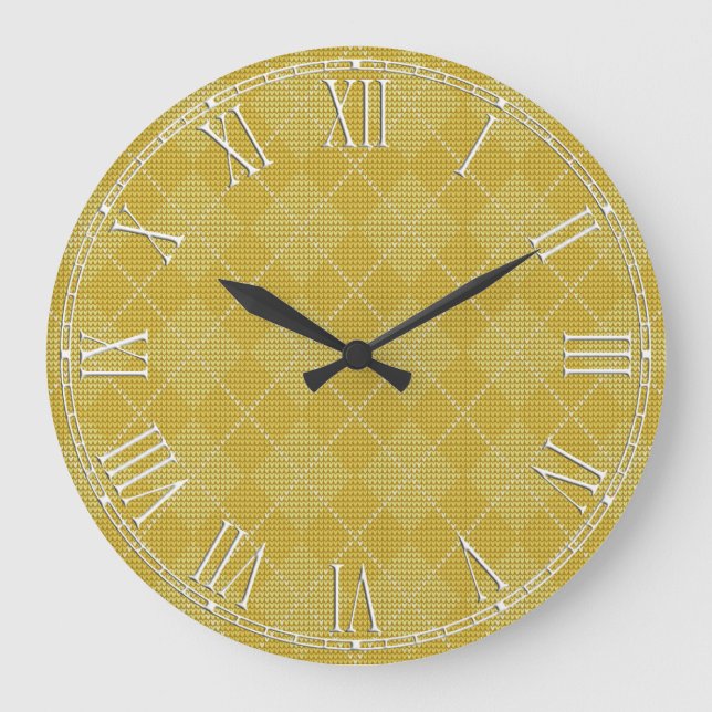 Mustard Yellow Retro Preppy Argyle Large Clock (Front)