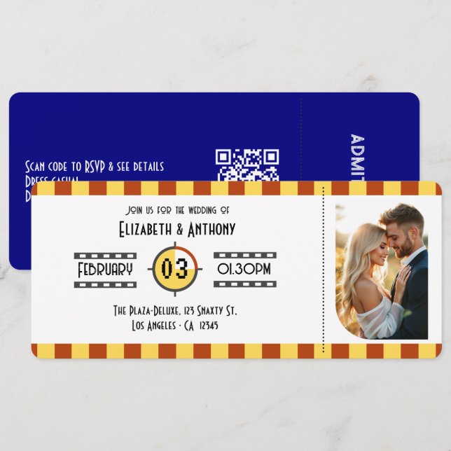 Mustard Yellow, Rust & Navy Cinema Ticket Wedding Invitation (Front/Back)
