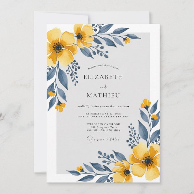 Mustard Yellow Serene Floral Wedding Invitation (Front)
