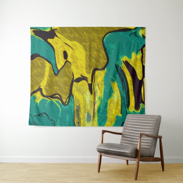 Mustard Yellow Teal Abstract Tapestry (In Situ (Horizontal))