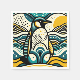 Mustard Yellow Teal Blue Penguin In Abstract Waves Napkin