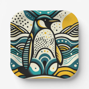 Mustard Yellow Teal Blue Penguin In Abstract Waves Paper Plate