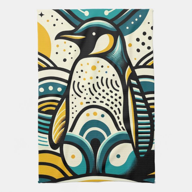 Mustard Yellow Teal Blue Penguin In Abstract Waves Tea Towel (Vertical)