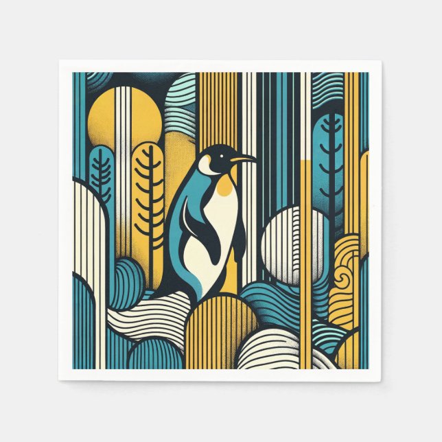 Mustard Yellow Teal Blue Penguin In Retro Geometry Napkin (Front)