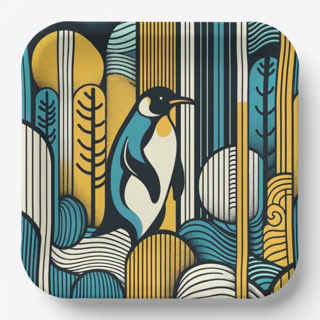 Mustard Yellow Teal Blue Penguin In Retro Geometry Paper Plate (Front)