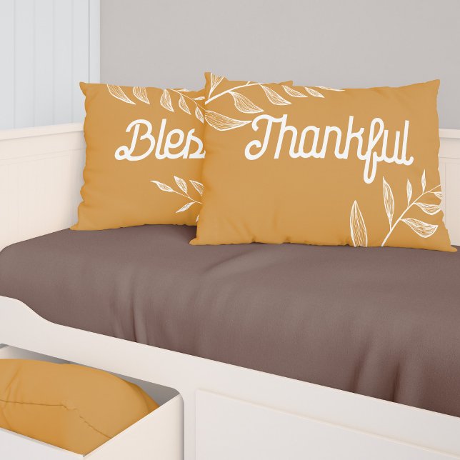 Mustard Yellow Thankful & Blessed Retro Typography Lumbar Cushion (Creator Uploaded)