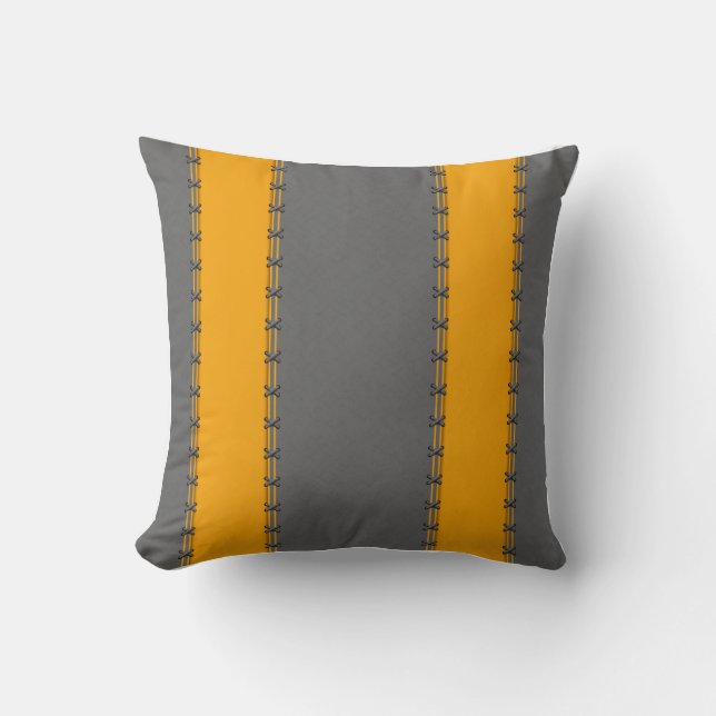 Mustard yellow vertical stripes, stitched on grey cushion (Front)