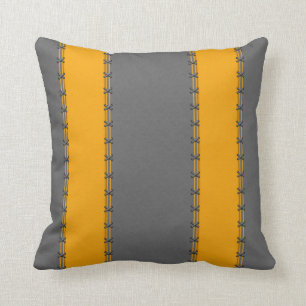 Mustard yellow vertical stripes, stitched on grey cushion