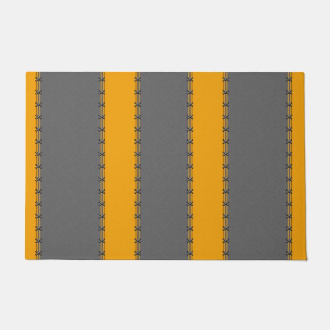 Mustard yellow vertical stripes, stitched on grey doormat (Front)