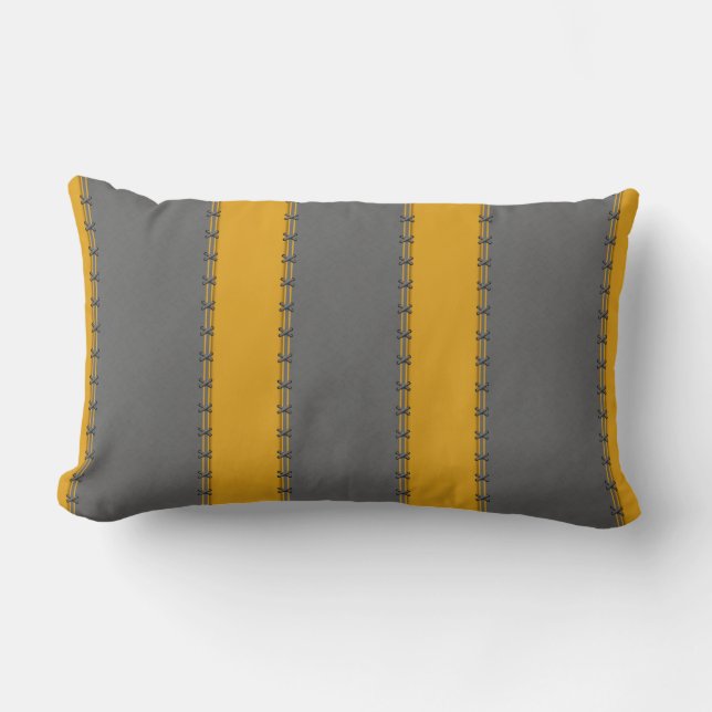 Mustard yellow vertical stripes, stitched on grey lumbar cushion (Front)