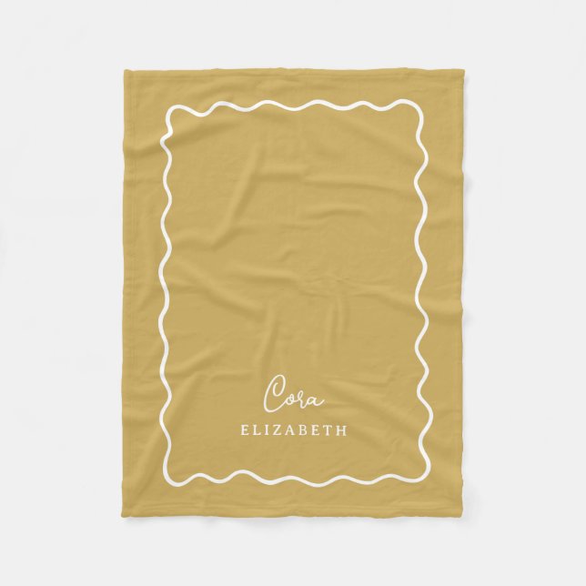 Mustard Yellow Wavy Border Monogrammed Fleece Blanket (Front)