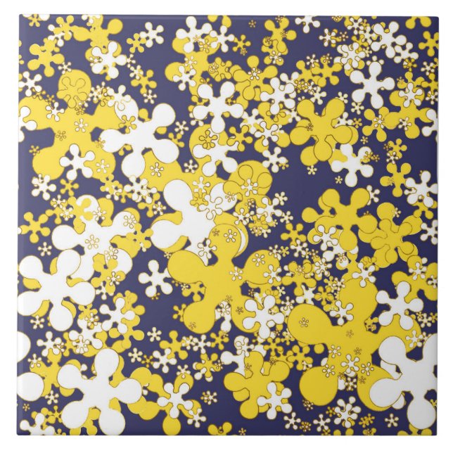 Mustard yellow, white, gold, navy blue, flowers ceramic tile (Front)