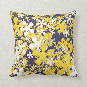 Mustard yellow, white, gold, navy blue, flowers cushion