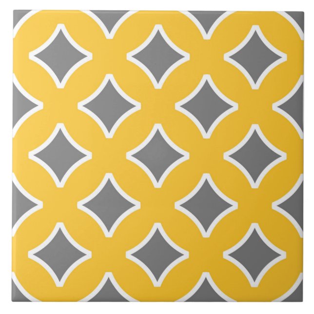 Mustard yellow, white, grey, modern, ornamental ceramic tile (Front)