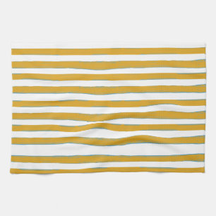 Mustard Yellow & White Hand-Painted Vertical Strip Tea Towel