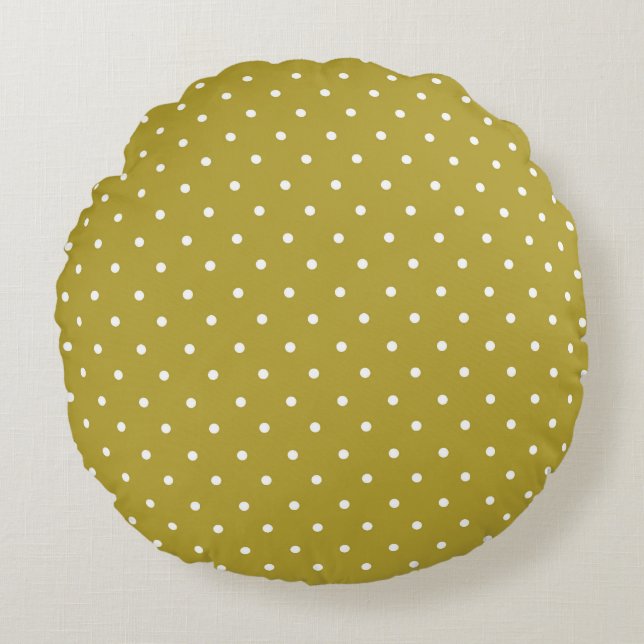  Mustard yellow white polka dots pattern  Round Cushion (Front)