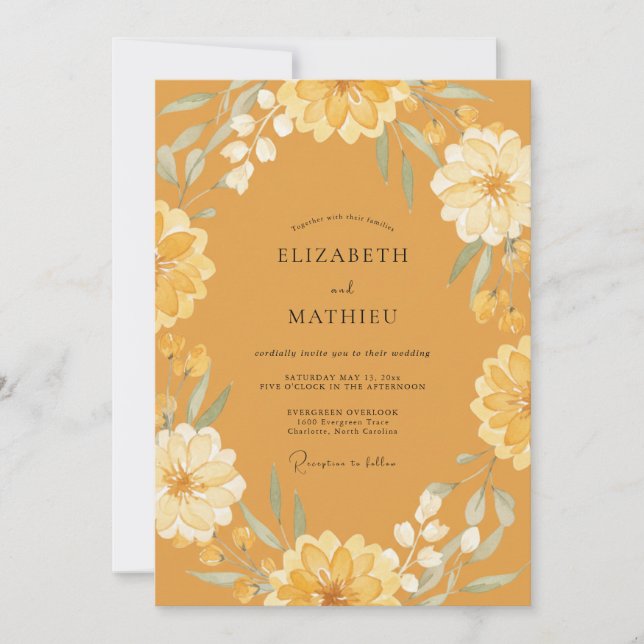 Mustard Zinnia Leafy Wedding Invitation (Front)