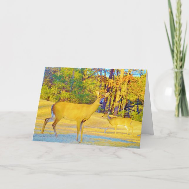 Musturd Coloured Deer with light blue Holiday Card (Front)