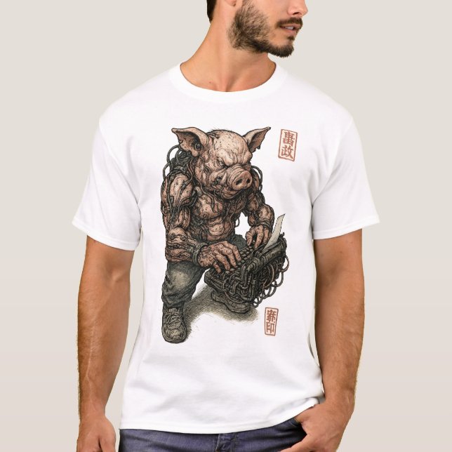 Mutant Pig Warrior – Cyberpunk Butcher with Chains T-Shirt (Front)