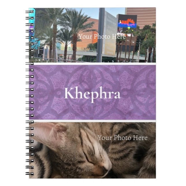 Mute Purple Batik Photo Collage, Border, Name Notebook (Front)