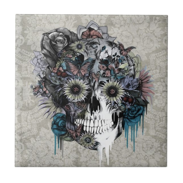 Mute, sunflower skull damask ceramic tile (Front)