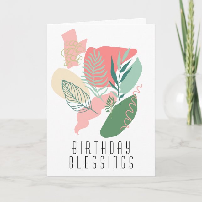 Muted Abstracts & Leaves Birthday Blessings Card (Front)