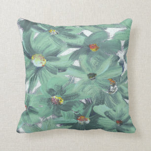 Muted Aqua Green Painted Flowers Any Colour  Cushion
