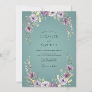 Muted Aqua Violet Wreath Wedding Invitation