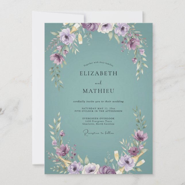 Muted Aqua Violet Wreath Wedding Invitation (Front)