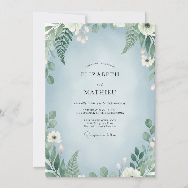 Muted Azure Fern Wedding Invitation (Front)