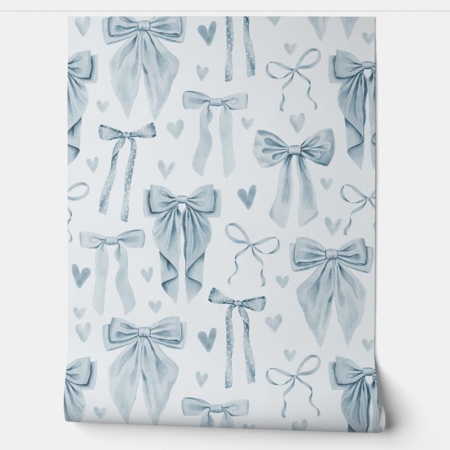 Muted Baby Blue Hand-Drawn Bows on Soft Blue Wallpaper (Unrolling)