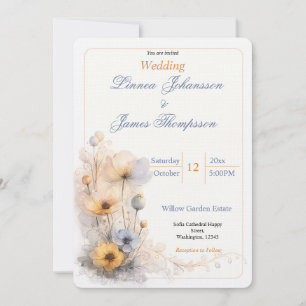 Muted Beige Fall Floral Wildflowers Pearls Wedding Invitation